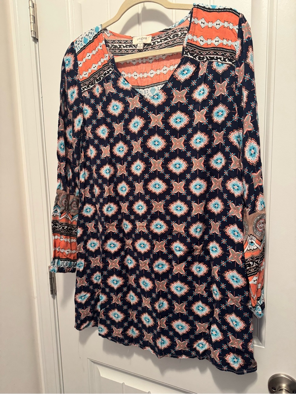 Umgee Navy Tunic with Coral & Turquoise Medallion Print